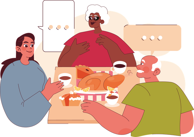 Grand Parents and Girl Eating Together  Illustration