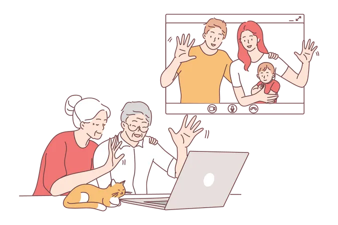 Grand parents talking with children on video call  Illustration