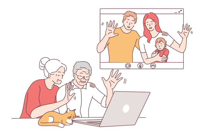 Grand parents talking with children on video call  Illustration