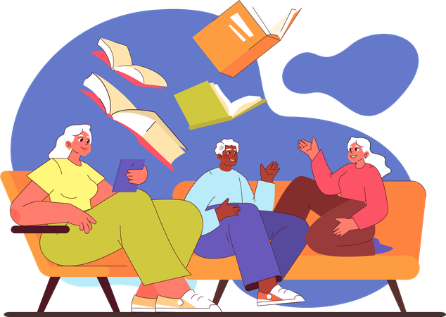 Grand people reading book while doing discussion  Illustration