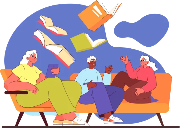 Grand people reading book while doing discussion  Illustration