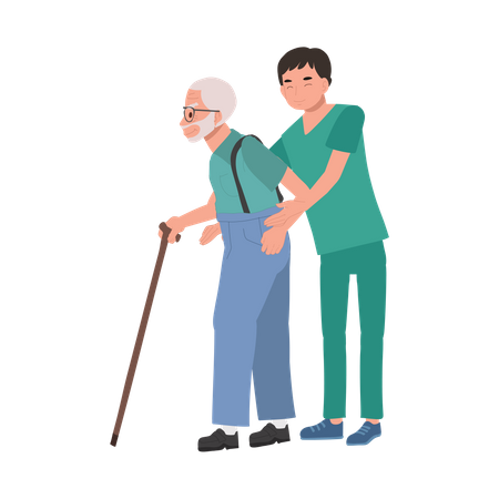 Aide à la marche du grand-père par un infirmier heureux en uniforme  Illustration