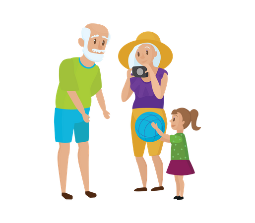 Grand-père et mère jouant au ballon avec une petite fille à la plage  Illustration