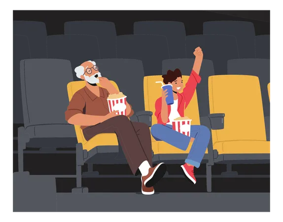 Grand-père et petit-fils regardent un film au cinéma avec du pop corn et du cola  Illustration