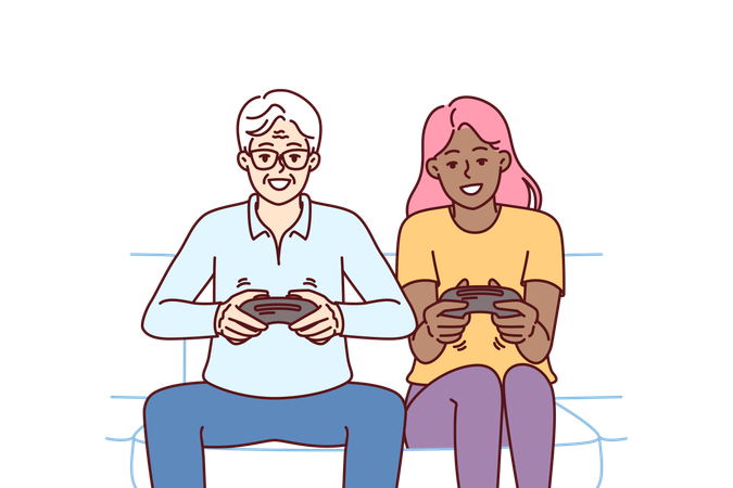 Grand-père et petite-fille jouent à des jeux vidéo  Illustration