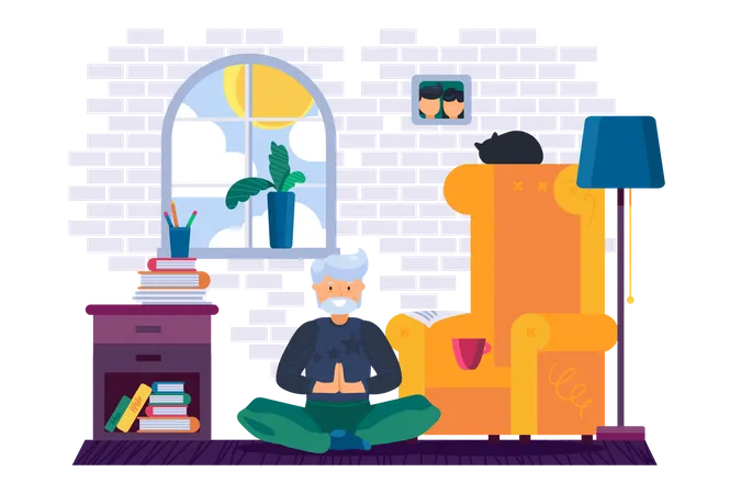 Grand-père faisant du yoga à la maison  Illustration