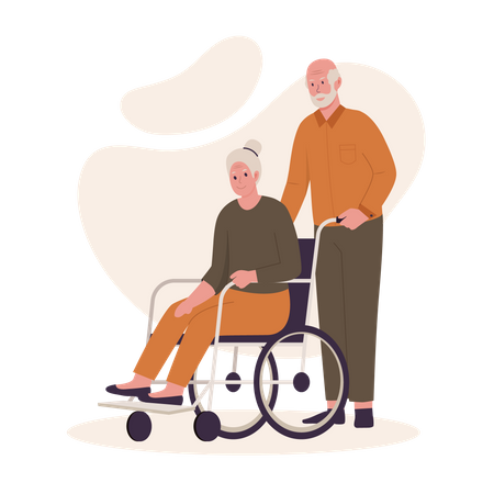 Grand-père poussant le fauteuil roulant de grand-mère  Illustration