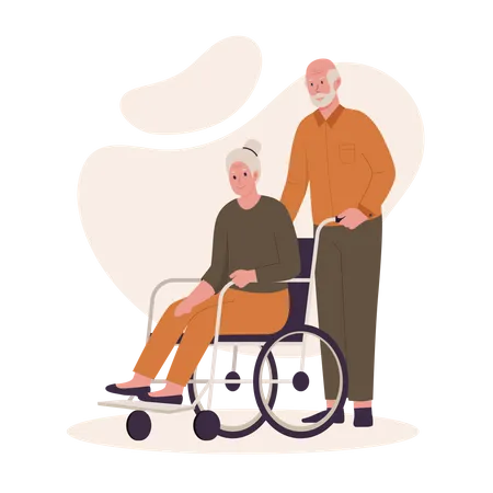 Grand-père poussant le fauteuil roulant de grand-mère  Illustration