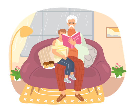 Grand-père racontant une histoire à un enfant au coucher  Illustration