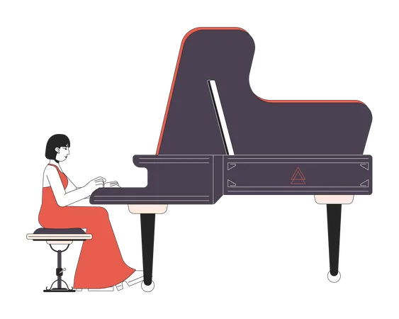 Grand Piano Player Female Line Cartoon Flat Illustration Asian Adult Woman Pianist In Recital Dress 2 D Lineart Character Isolated On White Background Classical Musician Scene Vector Color Image Illustration