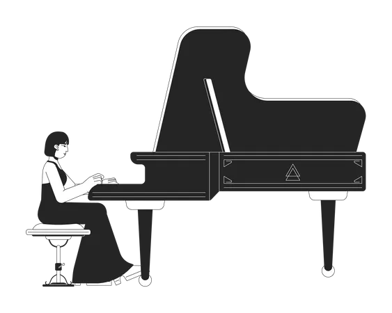 Grand Piano Player Female Black And White Cartoon Flat Illustration Asian Adult Woman Pianist In Recital Dress 2 D Lineart Character Isolated Classical Musician Monochrome Scene Vector Outline Image Illustration