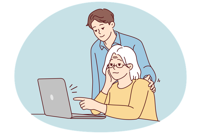 Grandchild help old grandmother with computer  Illustration