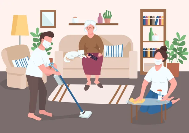 Grandchildren Help Elder Flat Color Vector Illustration People In Medical Mask Help Senior With Housework Surface Virus Disinfection Quarantine 2 D Cartoon Characters With Interior On Background Illustration