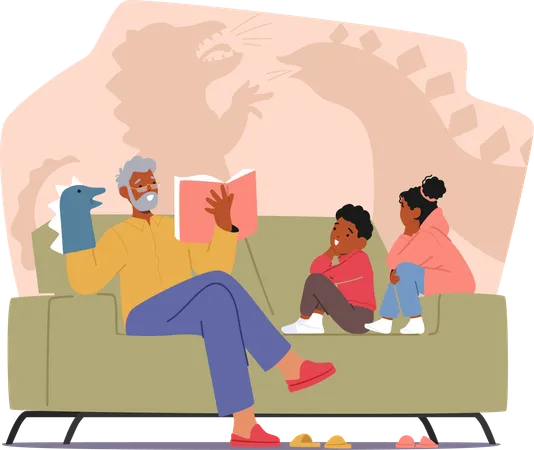 Granddad Character Sits On The Cozy Sofa Reading A Magical Fairy Tale Book To His Wide Eyed Grandchild Creating Cherished Moments Of Joy And Imagination Together Cartoon People Vector Illustration Illustration