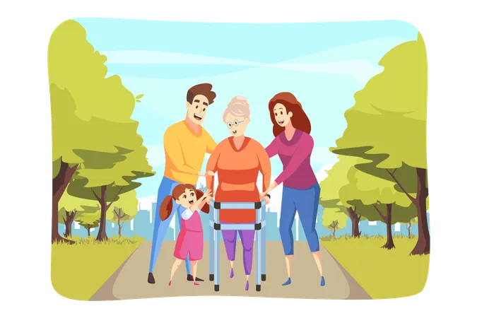Care Family Support Walking Concept Granddaughter And Man Dad With Woman Mother Help Grandmom Senior Citizen Pensioner Go Walker Caring For The Elderly And Fathers Day Mothers Day Illustration Illustration