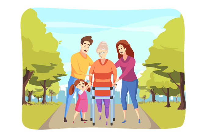 Granddaughter and man dad help grandma to go walker  Illustration
