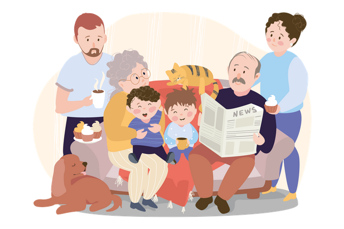 Grande famille assise sur un canapé  Illustration