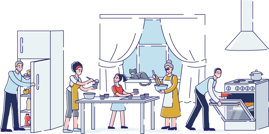 Grande famille cuisinant ensemble dans la cuisine de la maison  Illustration
