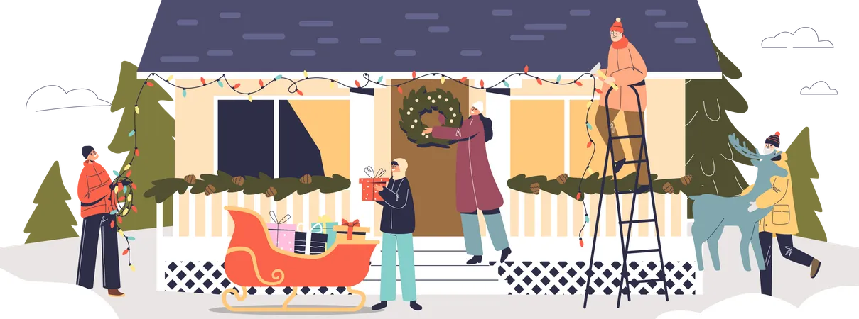 Grande maison de décoration familiale pour Noël avec guirlande, couronne, renne et traîneau du Père Noël à l'extérieur  Illustration