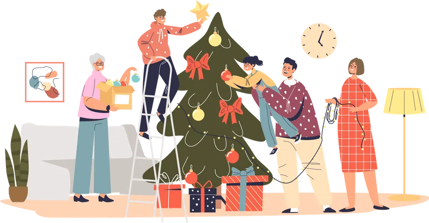 Grande famille décorant l'arbre de Noël ensemble suspendus boules de décoration, guirlande et étoile sur pin sapin  Illustration