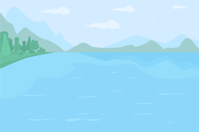 Grande lago cercado por colinas  Ilustração