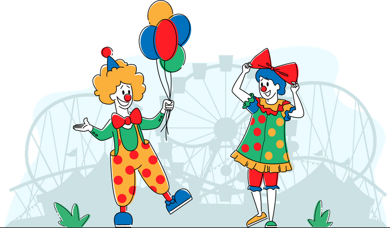 Big Top sorridente curinga masculino e feminino com balões  Ilustração