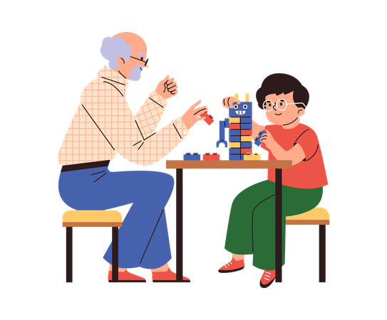 Grandfather and boy are building LEGO  Illustration