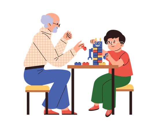 Grandfather and boy are building LEGO  Illustration