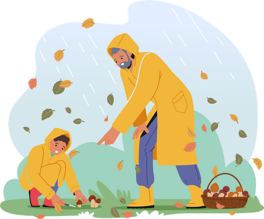Grandfather And Boy Picking Mushrooms  イラスト