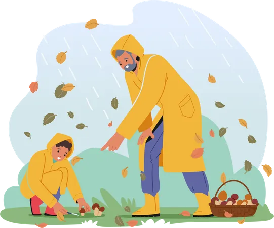 Grandfather And Boy Picking Mushrooms  イラスト