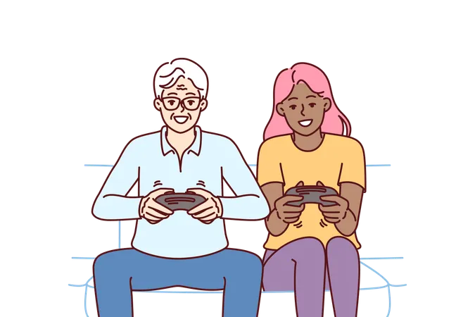 Diverse Man And Woman With Joysticks Are Sitting On Sofa Playing Game Fighting Virtual Characters Elderly Human And African American Girl Play Multiplayer Console Game Spending Weekend Together Illustration