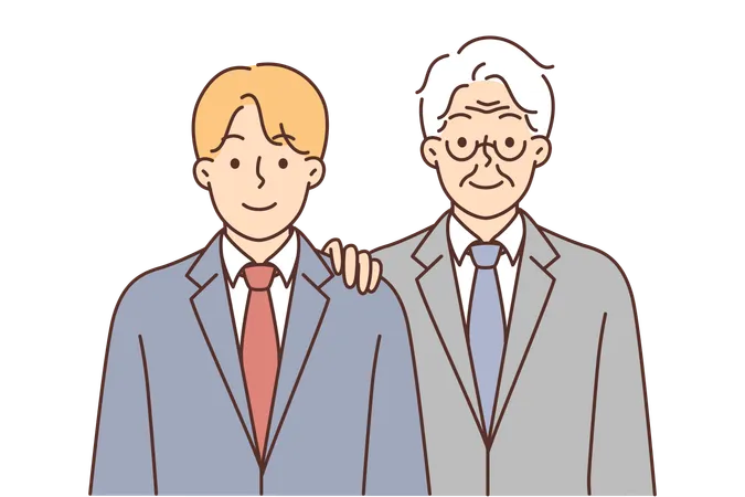 Young And Old Man In Business Suits Symbolize Succession Of Generations And Inheritance Of Managerial Positions Rich Successful Grandfather Wants To Leave Own Business And Company To Grandson イラスト
