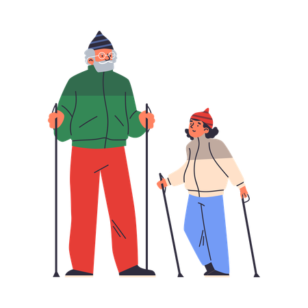 Grandfather and granddaughter doing nordic walking  Illustration
