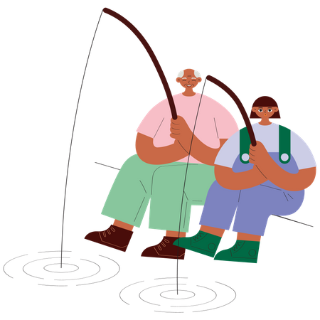 Grandfather and granddaughter fishing together  イラスト