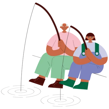 Grandfather And Granddaughter Fishing Together Vector Illustration In Flat Color Design Illustration