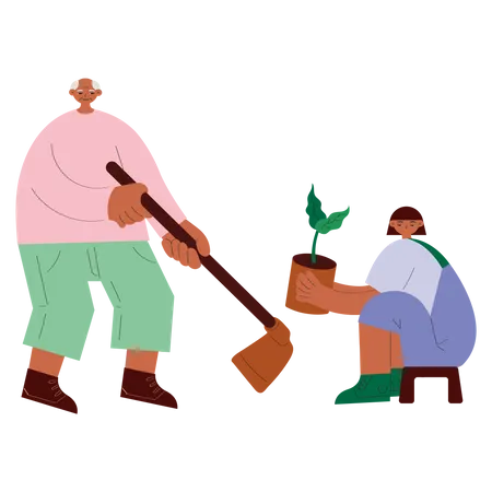 Grandfather And Granddaughter Planting Together Vector Illustration In Flat Color Design Illustration