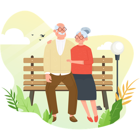 Grandfather and Grandmother Sitting in Park  Illustration