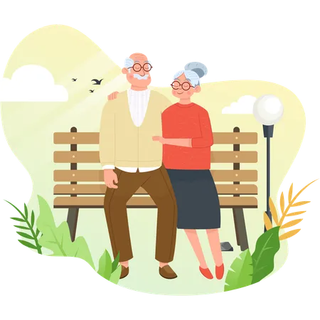 Grandfather and Grandmother Sitting in Park  Illustration