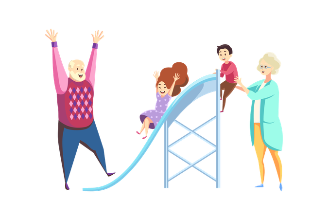 Grandfather and grandmother with kids go down slide together  Illustration