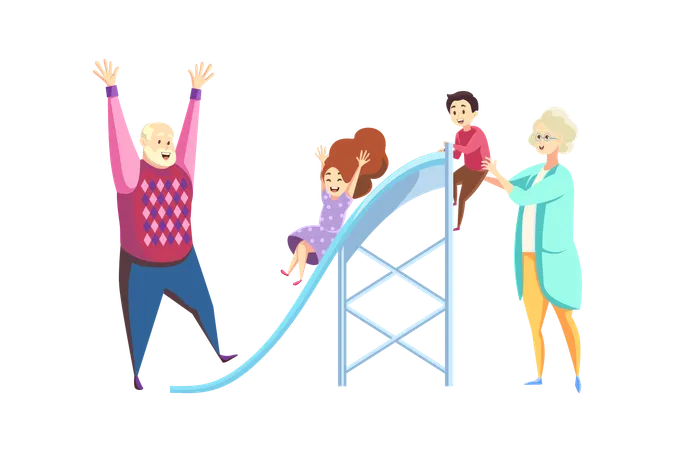 Fun Rest Young And Older Generation Concept Cartoon Characters Old Man Grandfather And Woman Grandmother With Children Kids Grandson Granddaughter Go Down Slide Together Happy Family Recreation Illustration