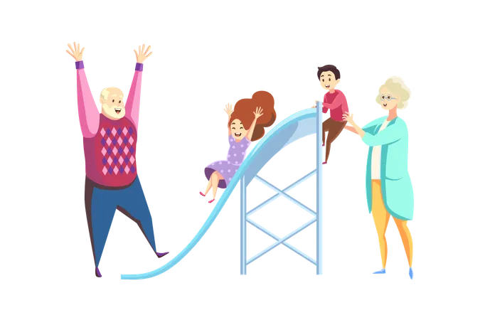 Grandfather and grandmother with kids go down slide together  Illustration