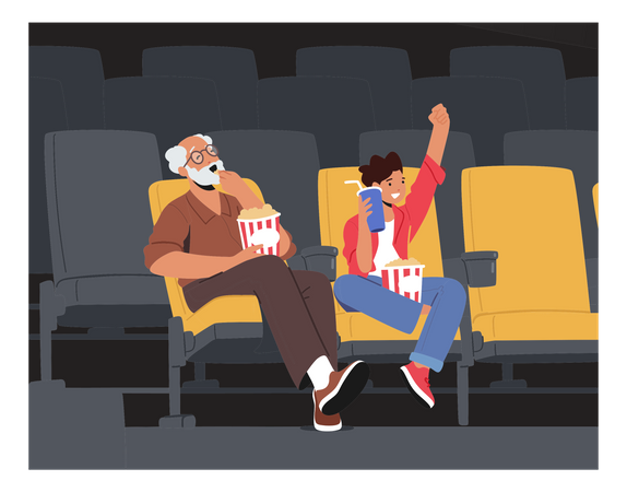 Grandfather And Grandson Watching Movie At Cinema With Pop Corn And Cola  Illustration