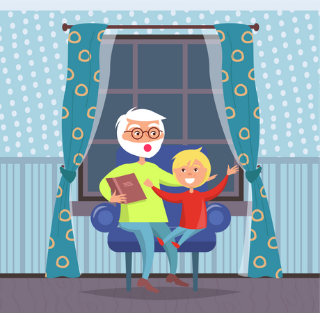 Grandfather and son reading book Illustration