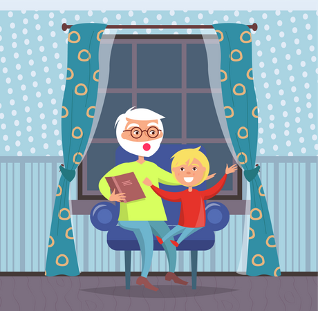 Grandfather and son reading book  Illustration