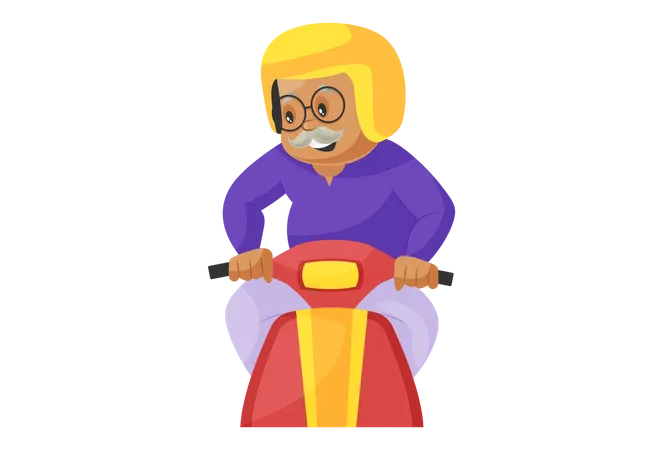 Grandfather Driving Scooter wearing helmet Illustration