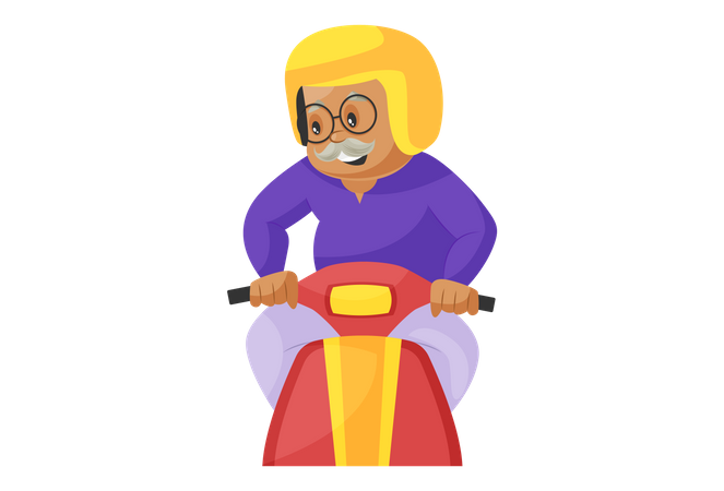 Grandfather Driving Scooter wearing helmet  Illustration