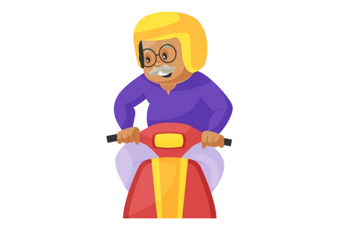 Grandfather Driving Scooter wearing helmet  Illustration