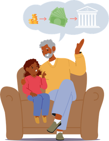 Grandfather Imparts Financial Wisdom To Child and Teaching Investment Basics  Illustration