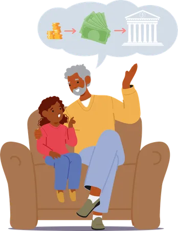 Grandfather Imparts Financial Wisdom To Child and Teaching Investment Basics  Illustration