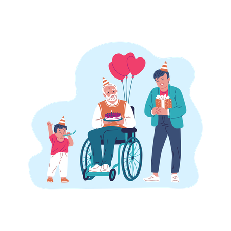 Grandfather in wheelchair celebrating birthday with festive hats  Illustration